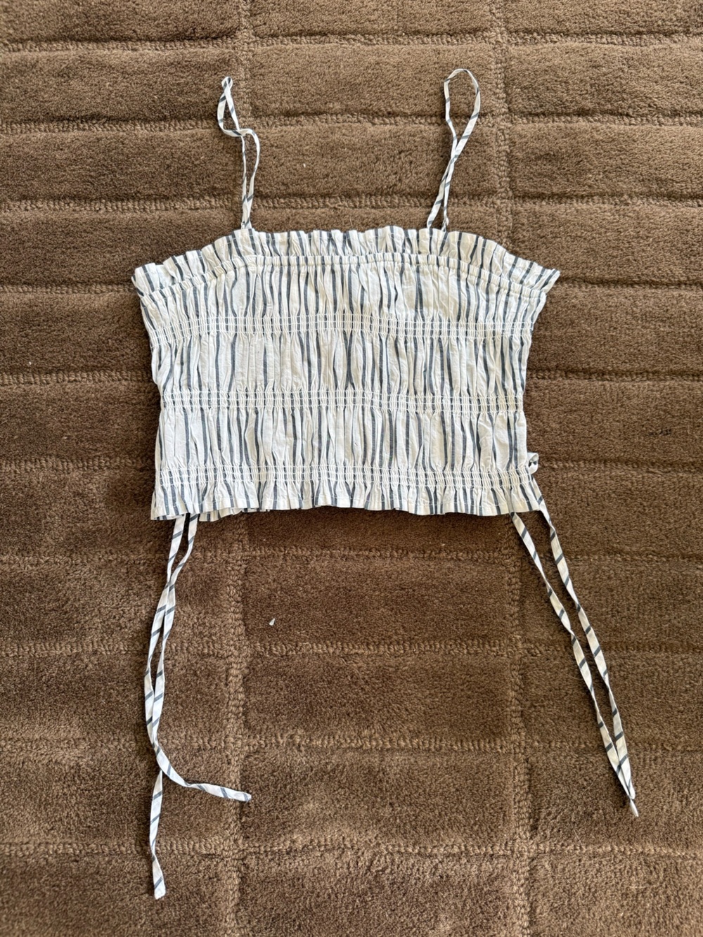 Anthropologie White and Navy Striped Smocked Top with Ties